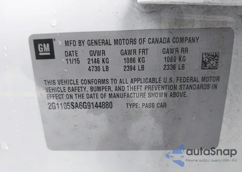 2016 Chevrolet Impala 1Lt z USA, uszkodzony, nr VIN 2G1105SA6G9144880